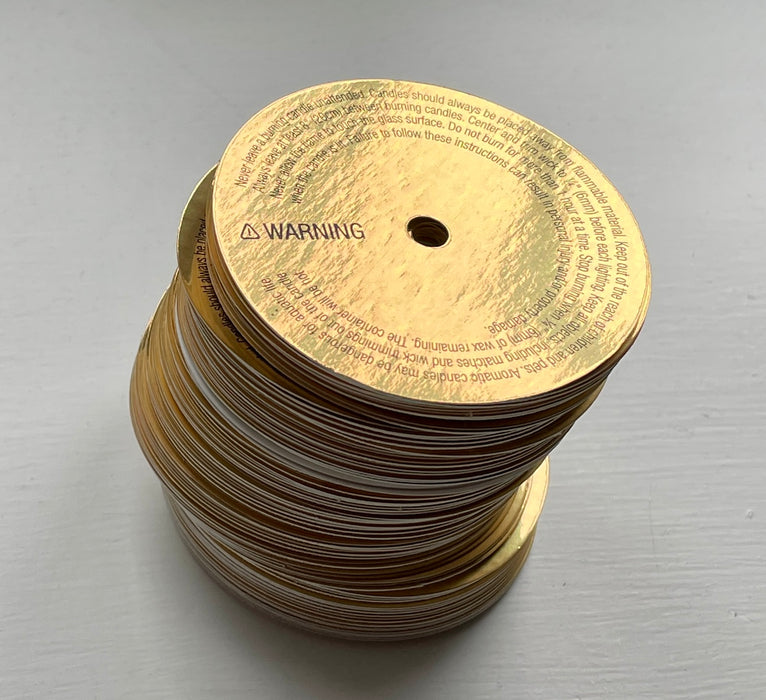 50 x Shiny Gold Candle Warning Dust Cover - for cotton wick, 66mm - Fernery Designs