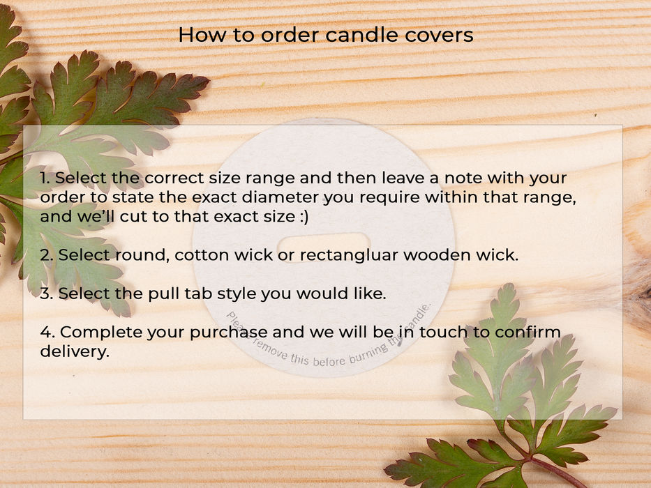 Warning & Burning Instruction Design Square White Candle Dust Covers - for wooden wick - Fernery Designs