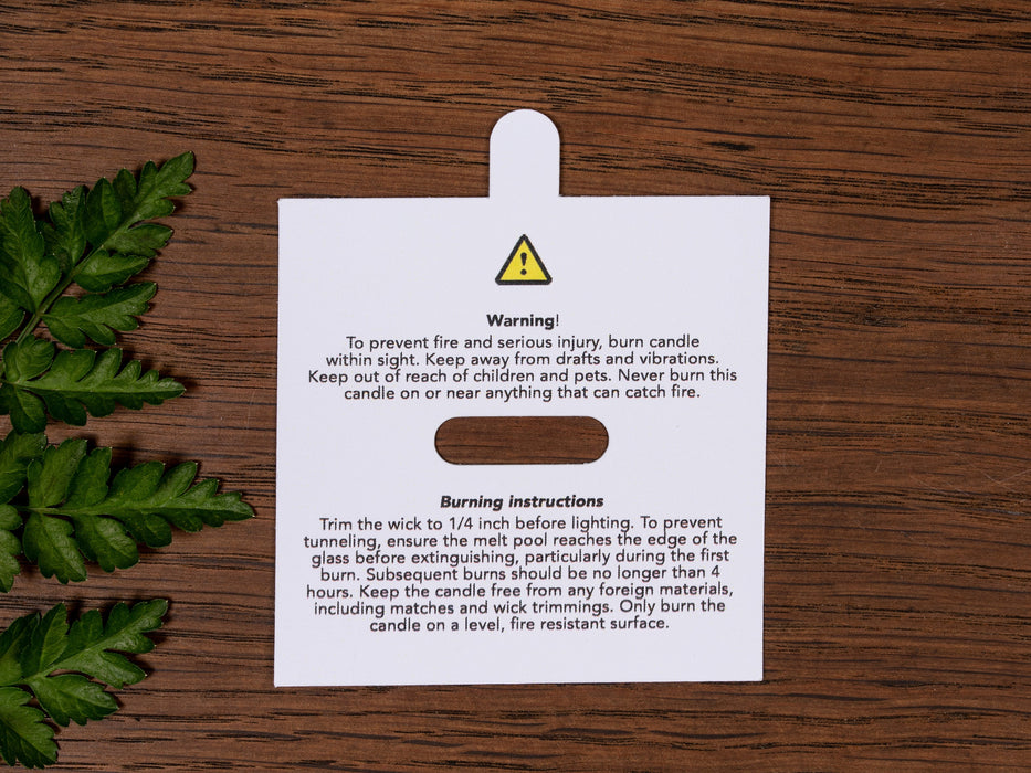Warning & Burning Instruction Design Square White Candle Dust Covers - for wooden wick - Fernery Designs