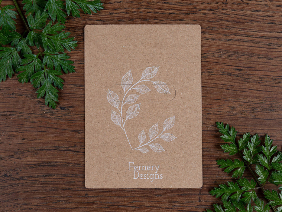 Custom Printed Kraft Hoop Earring Display Cards with flaps, 9cm x 6cm - Fernery Designs