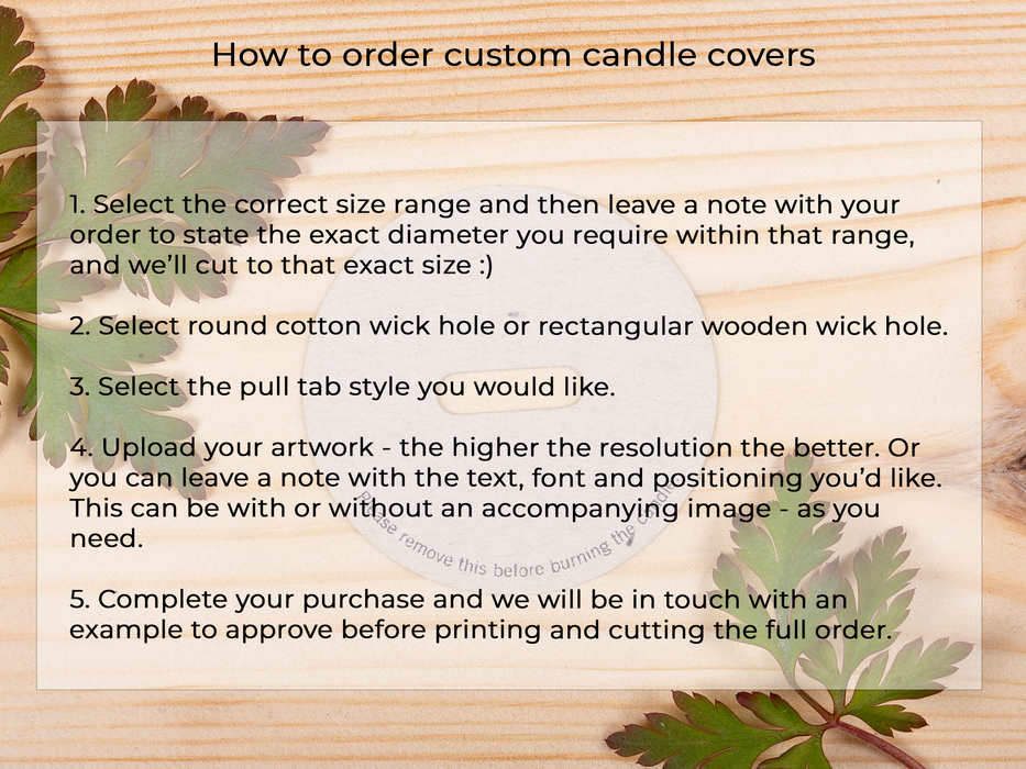 Custom Printed Kraft Candle Dust Covers for cotton wick - Fernery Designs