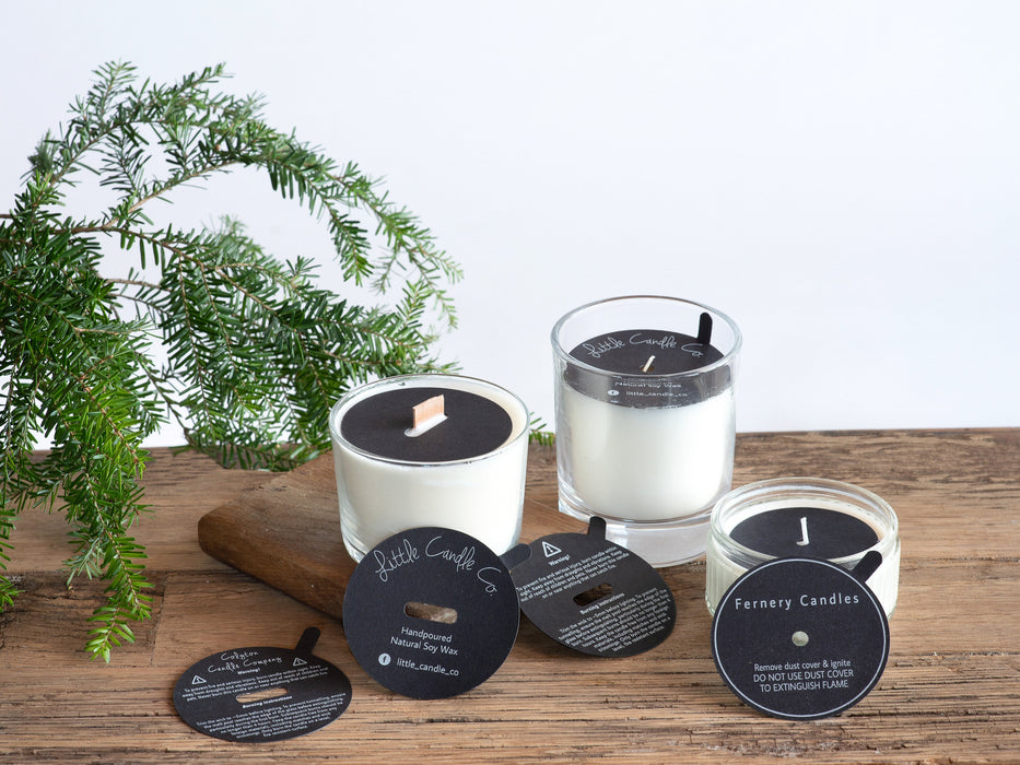 Custom Printed Black & White Candle Dust Covers for wooden wick - Fernery Designs