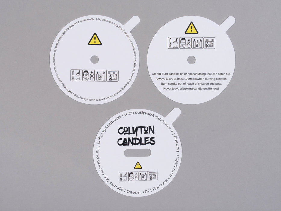 Custom Printed Candle Warning & Burning Instruction Dust Covers - cotton wick - Fernery Designs