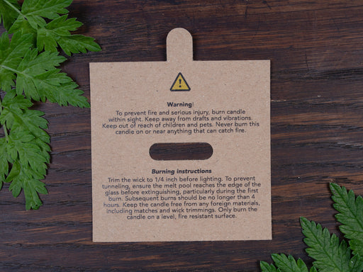 Warning & Burning Instruction Design Kraft Candle Dust Covers for wooden wick - Fernery Designs