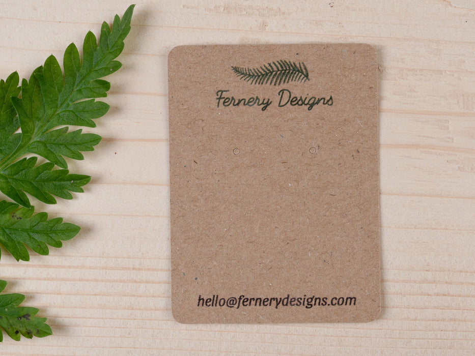 Small Custom Printed Earring / Brooch / Badge Display Cards 6cm x 4.5cm, Kraft - Fernery Designs