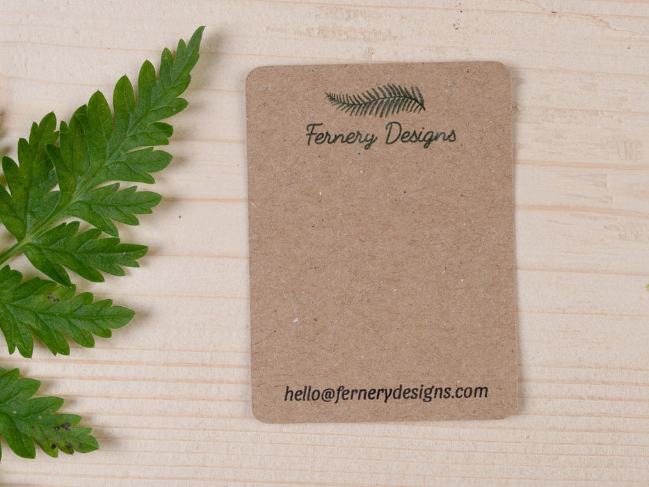 Small Custom Printed Earring / Brooch / Badge Display Cards 6cm x 4.5cm, Kraft - Fernery Designs