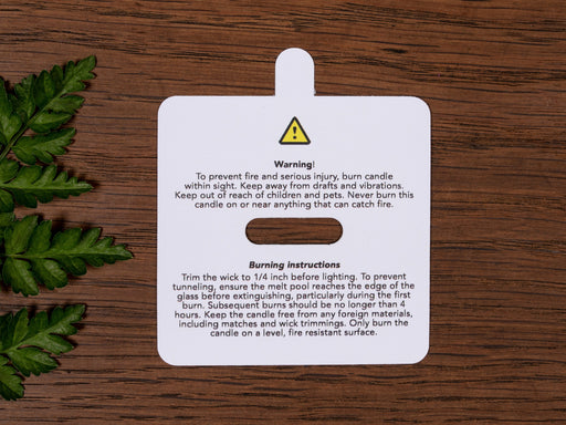 Warning & Burning Instruction Design Square White Candle Dust Covers - for wooden wick - Fernery Designs