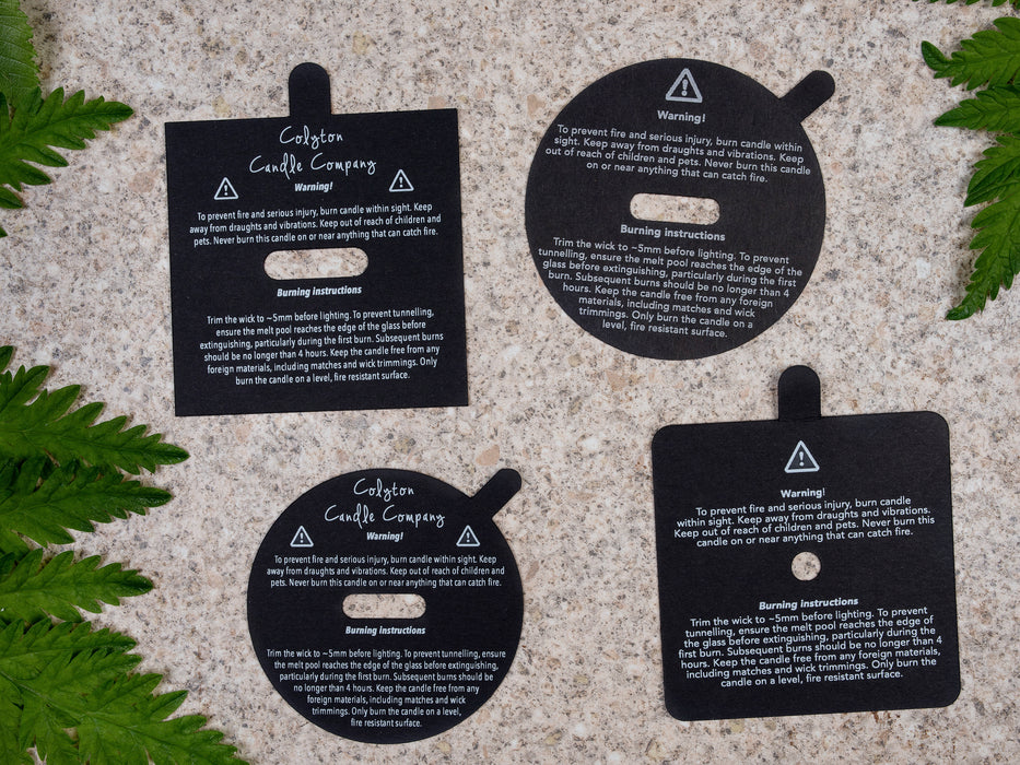 Custom Printed Square Black Candle Warning Dust Covers - with logo / company name, for wood wick - Fernery Designs