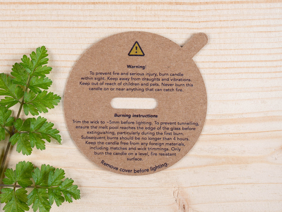 Warning & Burning Instruction Design Candle Dust Covers in Kraft Card for wooden wick - Fernery Designs