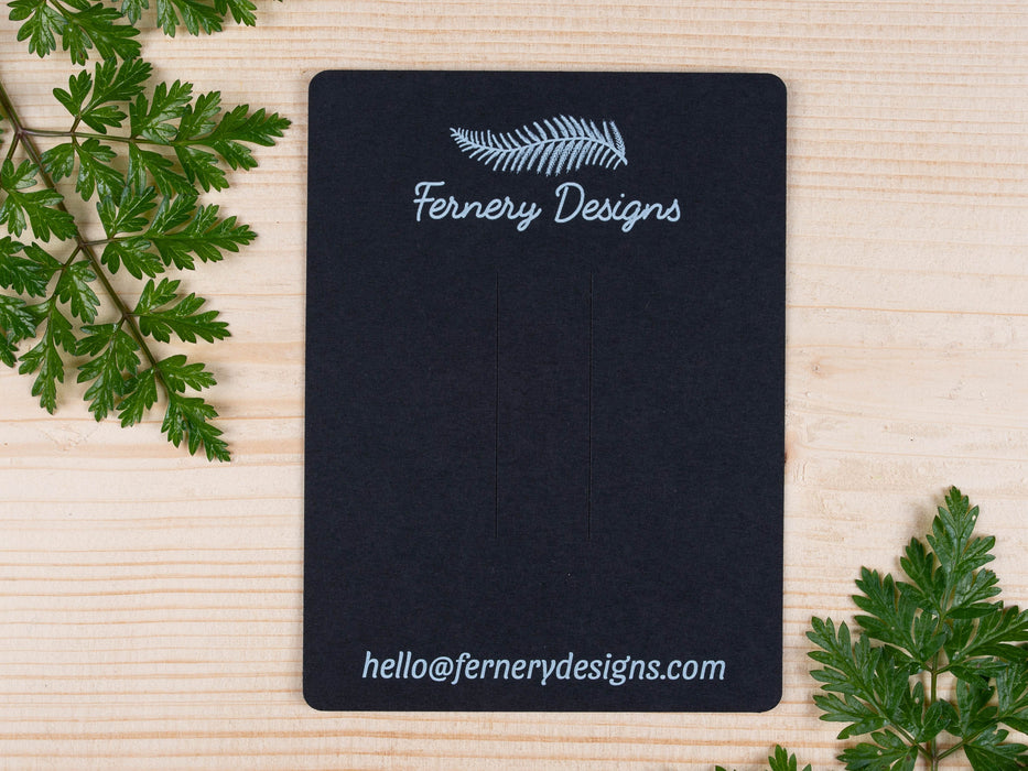 Custom Printed Black Hair Clip Display Cards 10cm x 7.5cm - Fernery Designs