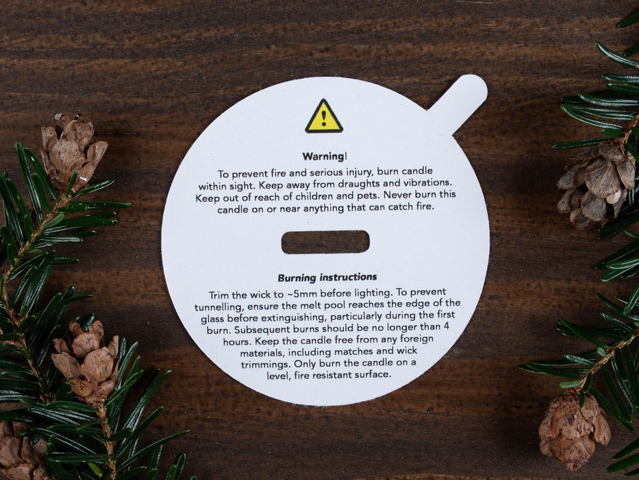 Candle Warning Dust Cover - Text only design, for wood wick - Fernery Designs