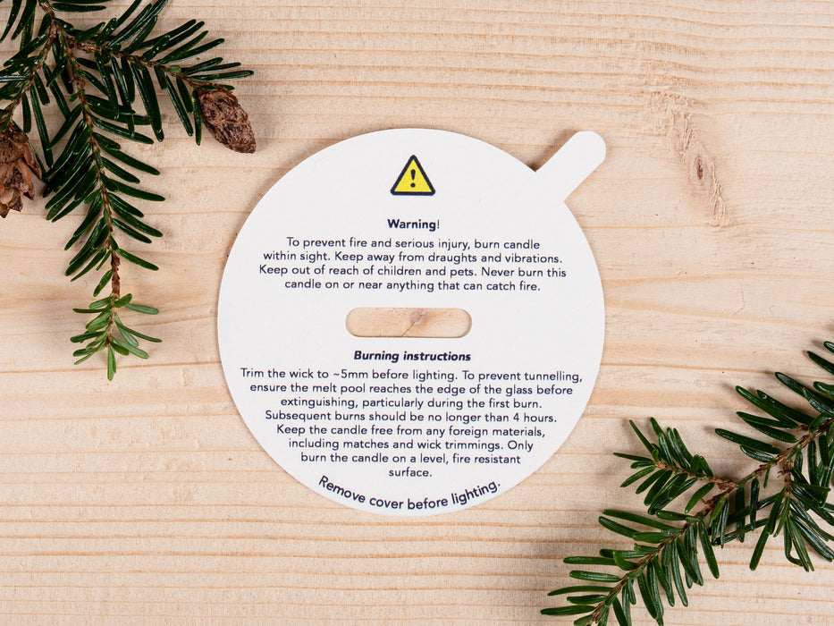 Candle Warning Dust Cover - Text only design, for wood wick - Fernery Designs