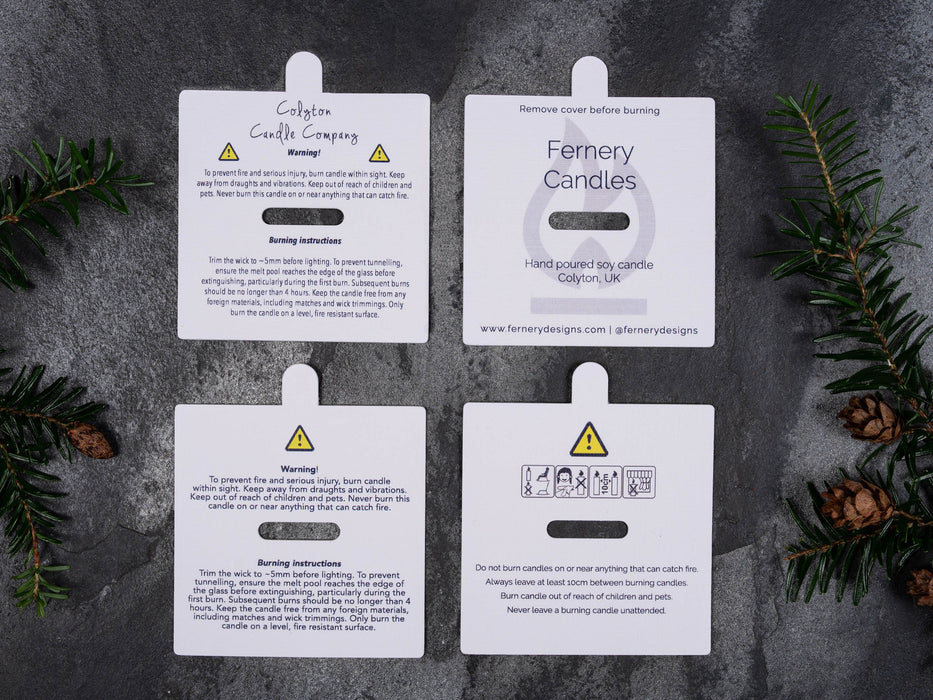 Warning & Burning Instruction Design Square Candle Dust Covers, for cotton wick - Fernery Designs