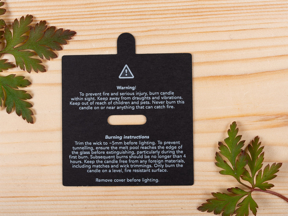 Black Square Warning & Burning Instruction Design Candle Dust Covers, for wooden wick - Fernery Designs